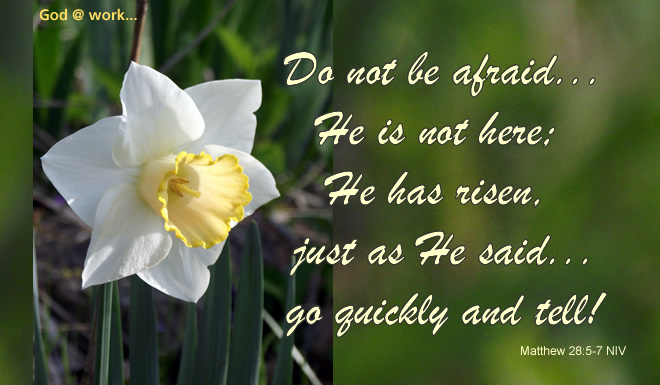 Do not be afraid... He is not here;  He has risen,  just as He said... go quickly and tell!  Matthew 28:5-7 NIV